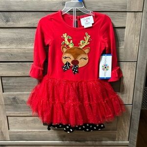 NWT Counting Daisies 2T Reindeer Long Sleeve &  Polka Dot Leggings With Ruff…